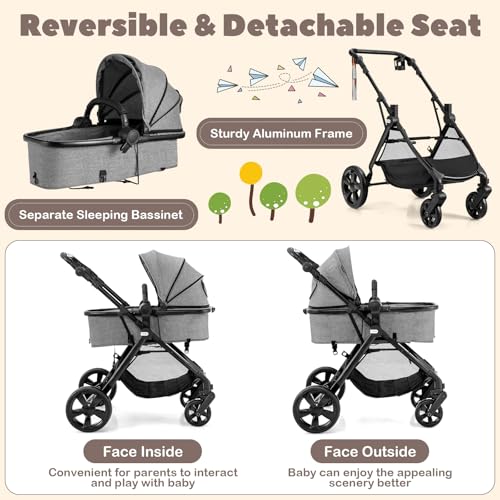Portable Convertible Buggy Pram for 0-3 Years Old Newborns (Gray)