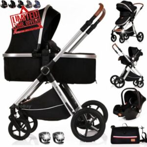 Baby Buggy Pram Pushchair Stroller 3 in 1 with Car Seat Carrycot Child Lightweight Folding Stroller Travel System Pram for Newborns & Toddlers from Birth (BBA - Black Silver