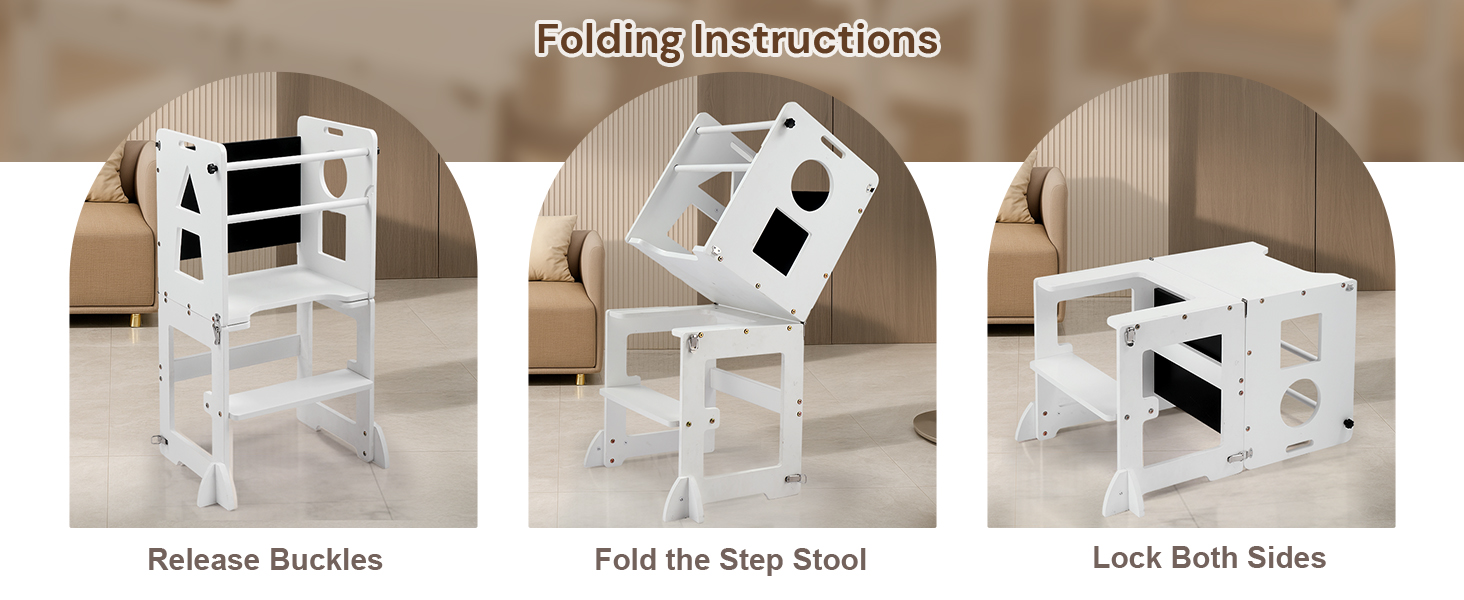 Text reads 'Nurture Your Child's Boundless Potential'. Series of images showing children's learning tower/kitchen helper stand in use with safety features highlighted by icons.