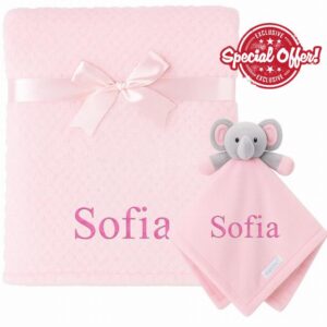 Personalised Elephant Comforter & Waffle Blanket Gift Set – Embroidered with Any Name – Pink