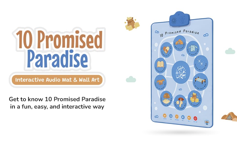 Text reads '10 Promised Paradise' and 'Get to know 10 Promised Paradise in a fun, easy, and interactive way'. Shows illustrated blue device with circular icons and decorative elements.
