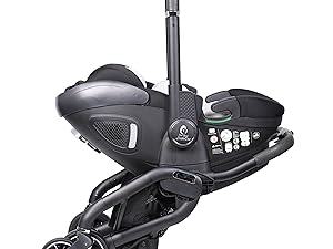 Multiple views of a black infant car seat/stroller system. Shows the product from different angles with curved handle and wheels visible.