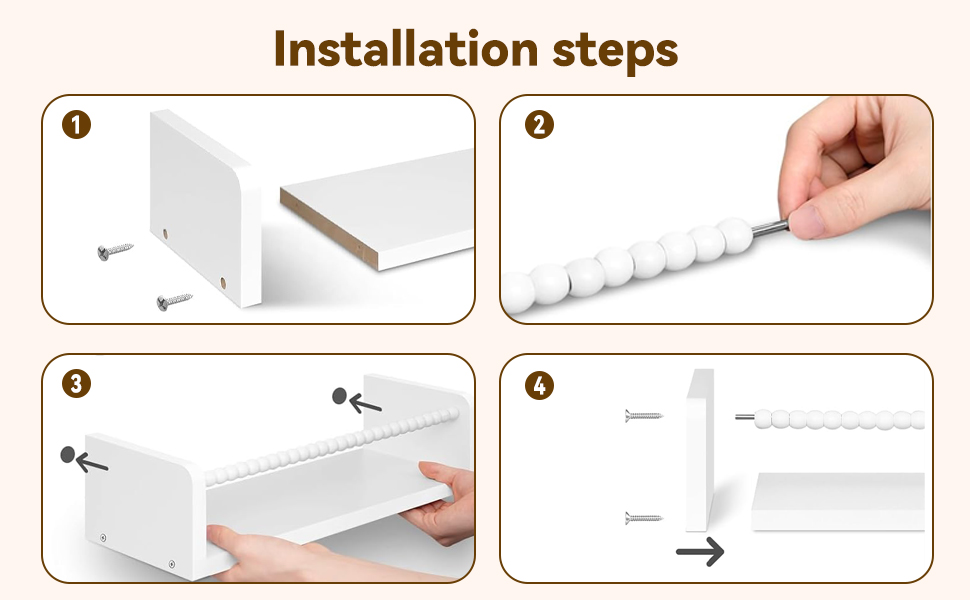 Text reads 'Cute Appearance', 'Versatile Use'. Product showcase of white wall-mounted shelving unit displaying various household items and snacks.