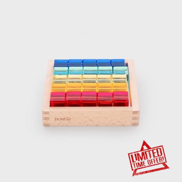 ickit Translucent Gem Cubes with Mirror Tray – Acrylic Colour Cubes in FSC® Wooden Tray – Sensory Light