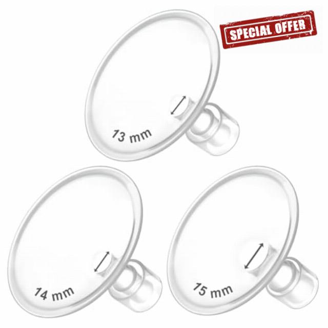 Maymom MyFit Flanges Crater Goldie Pack 13 14 15 mm Compatible with Medela Breast Pumps and Wide Base and Narrow Base Connectors