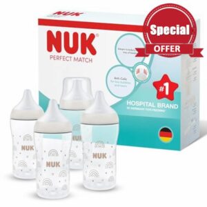 NUK Perfect Match Baby Bottle | 3+ Months | 260ml | Anti Colic Feeding Bottle | PP | Temperature Control Indicator | Rainbow | 4 Cou