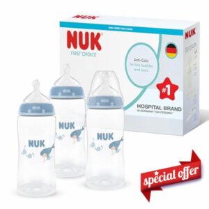 NUK First Choice Baby Bottles | 3+ Months | 300ml | Anti Colic Feeding Bottle | PP | Temperature Control Indicator | Whale | 3 Cou