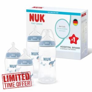 NUK First Choice Baby Bottles | 0-3+ Months | 150ml & 300ml | Anti Colic Feeding Bottle | PP | Temperature Control Indicator | Whale | 4 Cou