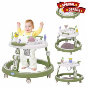 5 in 1 Baby Walker Round Shape Foldable Walker 3-Height Adjustable Anti-Rollover Push Along Walkers with Music Center