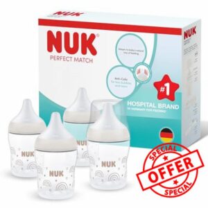 NUK Perfect Match Baby Bottle | 0+ Months | 150ml | Anti Colic Feeding Bottle | PP | Temperature Control Indicator | Rainbow | 4 Cou