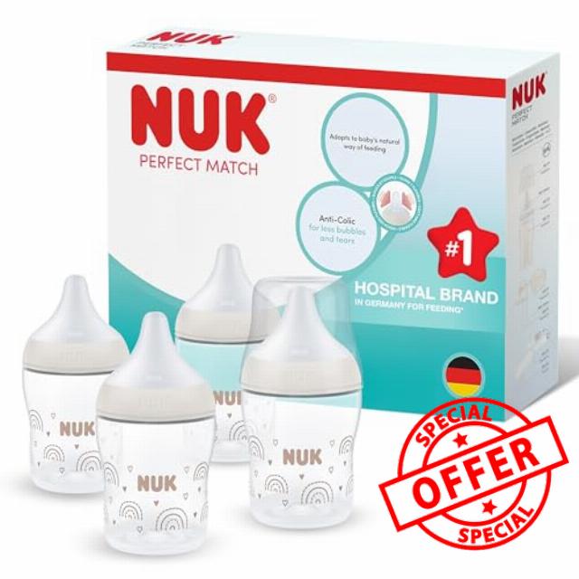 NUK Perfect Match Baby Bottle | 0+ Months | 150ml | Anti Colic Feeding Bottle | PP | Temperature Control Indicator | Rainbow | 4 Cou