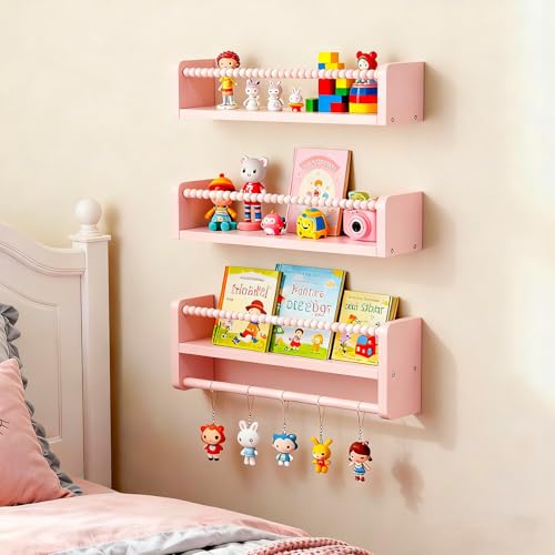 Baby Room Wall Decor Organizer for Nursery Bedroom Floating Shelves with Wooden Bead Fence (Pink)