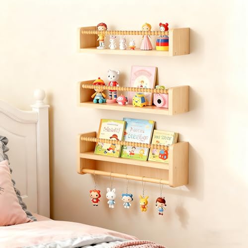 Baby Room Wall Decor Organizer for Nursery Bedroom Floating Shelves with Wooden Bead Fence (Pine Wooden)