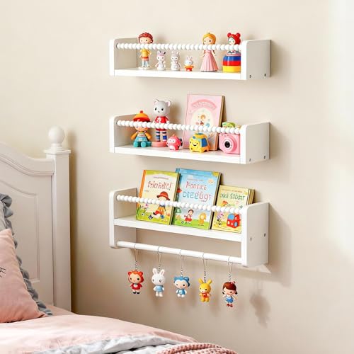 Baby Room Wall Decor Organizer for Nursery Bedroom Floating Shelves with Wooden Bead Fence (White)