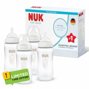 NUK First Choice Baby Bottles | 3+ Months | 240ml | Anti Colic Feeding Bottle | Glass | Temperature Control Indicator | Seahorse | 4 Cou