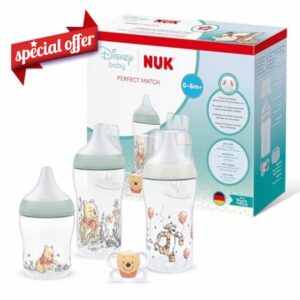 NUK Perfect Match Baby Bottles & Dummy Set | 0-6 Months | 3 x Anti Colic Feeding Bottles (150ml