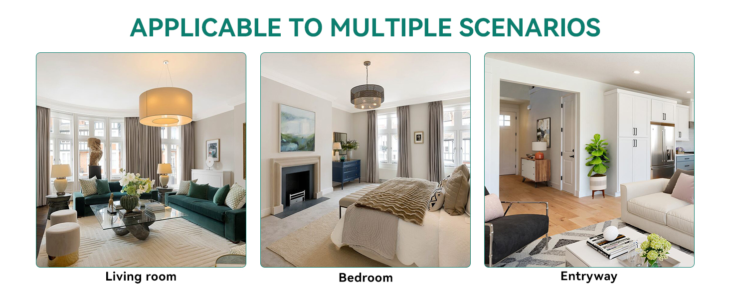 Text: 'APPLICABLE TO MULTIPLE SCENARIOS'. Interior design showcase featuring modern living spaces including living room, bedroom, and entryway with neutral color schemes and contemporary furniture.