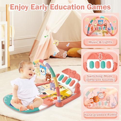 Sensory Kick and Play Piano Playmat for Babies 0-12 Months (Pink)
