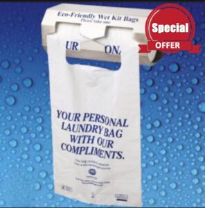 1000 (4x250) Disposable Printed Wet Kit Bags in a White HD Poly Material. Printed in Blue Text 'Your Personal Laundry Bag with our Compliments'