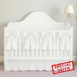 White Crib Bed Skirts with 4 Large Cot Bow Baby Crib Skirt for Boys Girls Nursery Toddler Bedskirt Dust Ruffle 14" Drop(Ruffle)