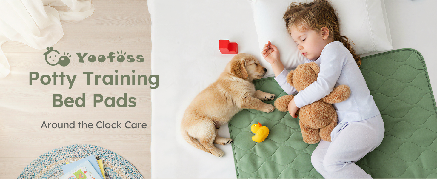 Text reads 'Cup Tested Potty Training Bed Pads Around the Clock Care'. Green waterproof pad shown in use with sleeping arrangement.