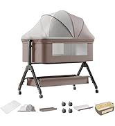 Baby playard set including gray portable crib with mobile, changing station, and accessories like mattress pad, storage bags, and mosquito net.