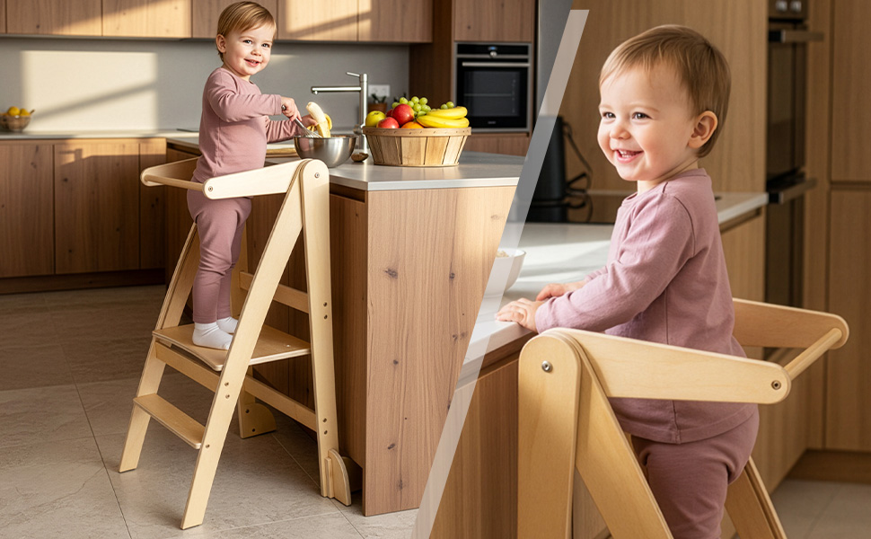 Wooden high chair with adjustable components shown in kitchen setting. Side images demonstrate adjustment mechanisms and features.