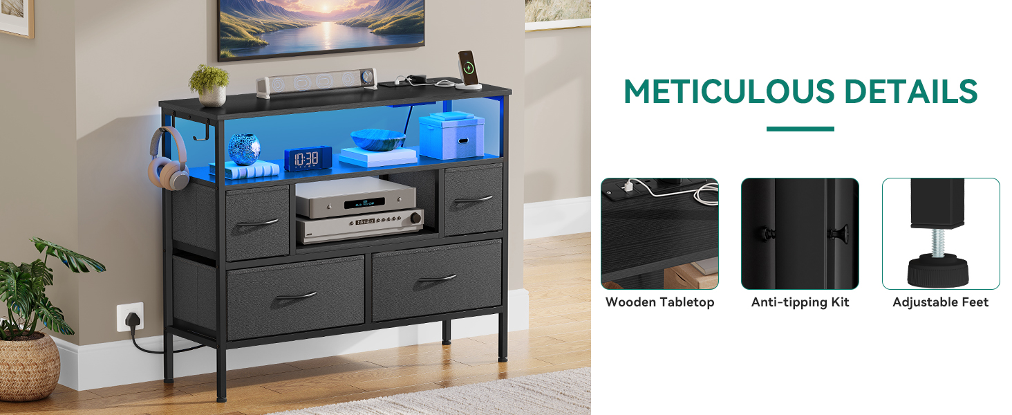 Text reads 'LARGE STORAGE CAPACITY'. Multiple views of a black storage box or case with textured surface, showing interior compartments and storage capabilities.