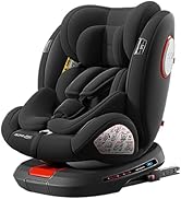 Multiple views of a gray and black child car seat with side impact protection, adjustable headrest, and ISOFIX mounting system shown from different angles.