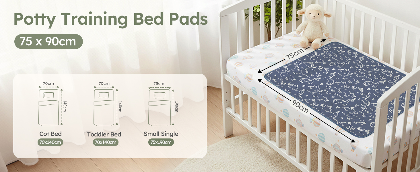 Text reads 'Potty Training Bed Pads 75 x 90cm.' Multiple images showing blue and white patterned bed pads in various stages of use in a nursery setting with white crib.