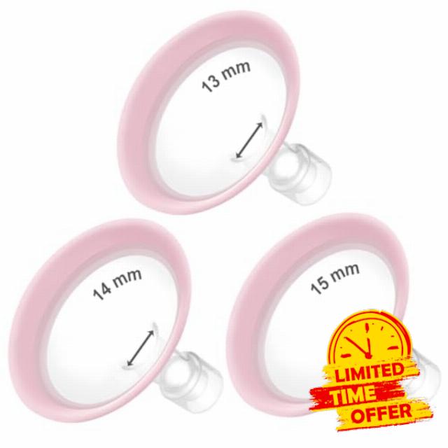 Maymom MyFit Flanges Pano Goldie Pack 13 14 15 mm Compatible with Medela Breast Pumps and Wide Base and Narrow Base Connectors