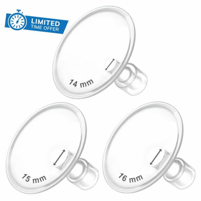 Maymom MyFit Flanges Crater Goldie Pack 14 15 16 mm Compatible with Medela Breast Pumps and Wide Base and Narrow Base Connectors