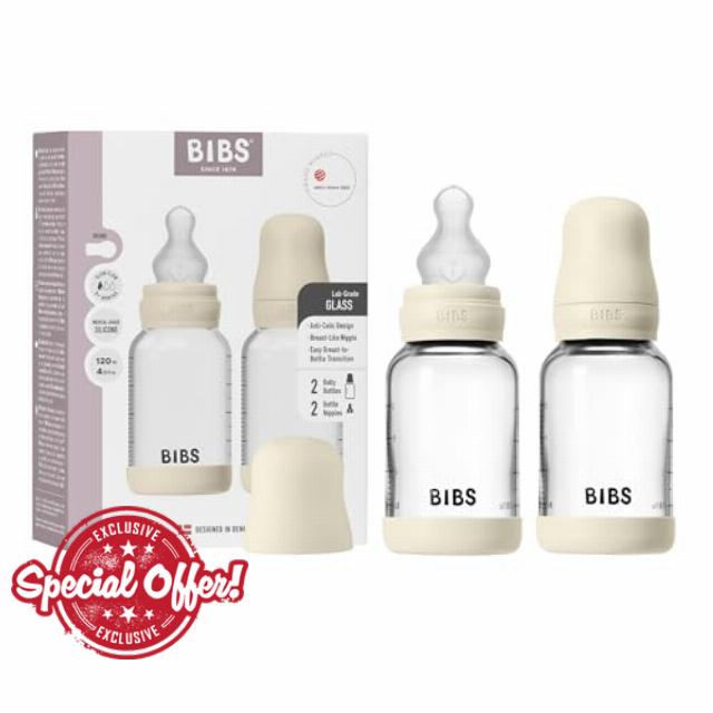 BIBS Baby Glass Bottle 2-Pack 120ml. Anti-Colic. Vented Round Silicone Nipple. Supports Natural Breastfeeding