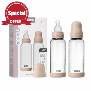 BIBS Baby Glass Bottle 2-Pack 240ml. Anti-Colic. Vented Round Silicone Nipple. Supports Natural Breastfeeding