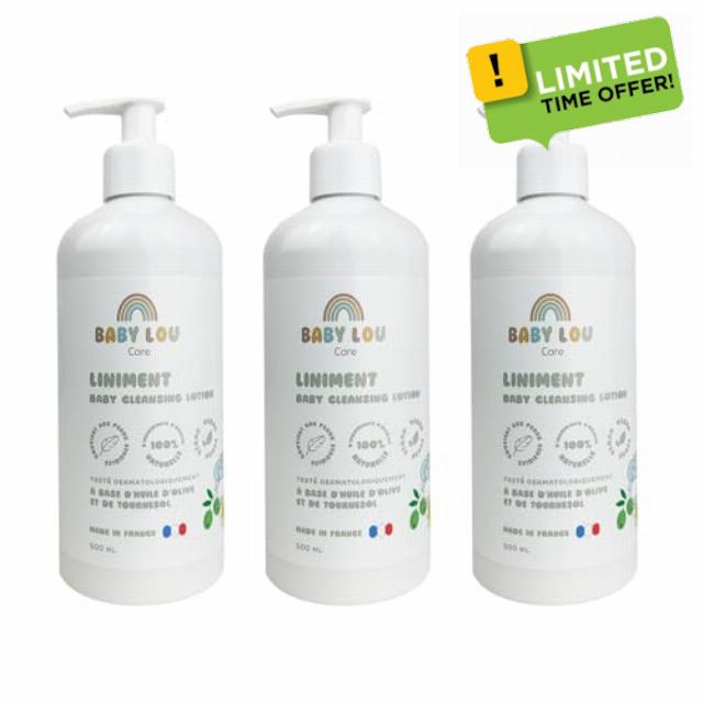 BABYLOU CARE Baby Liniment 3 x 500 ml | Baby Changing Cleansing Care for Sensitive Skin | 100% Natural & Vegan Ingredients Made in France | Protects