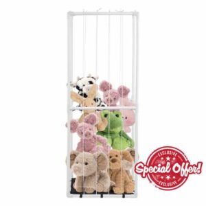 Plush Toy Organizer Large Capacity PVC Plush Rack with Detachable Dustproof Isolation Cloth & Elastic Stretch Ropes Space-Saving Vertical Holder Storage Holder for Kids Room Stuffed Animals (White)
