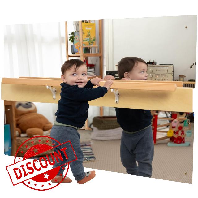 ODOXIA Montessori Mirror with Bar for Toddlers | Montessori Pull-Up Bar for Standing & Walking | Mirror Baby Wall with Pull-Up Bar | Wooden Balance Bar for Motor Development | Perfect for Playrooms