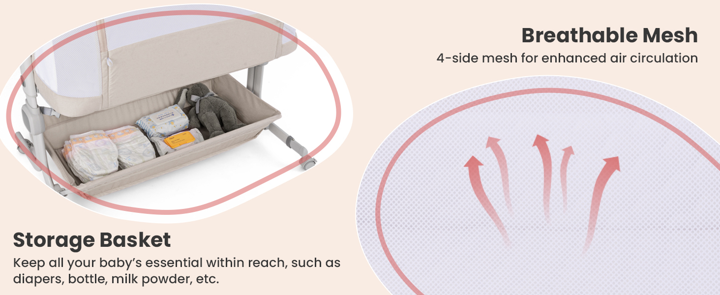 Text reads 'Comfortable Mattress', 'Multi-layer structure protects your baby's spine', 'Easy to upkeep with the washable cover'. Baby mattress product images showing layered construction and features.