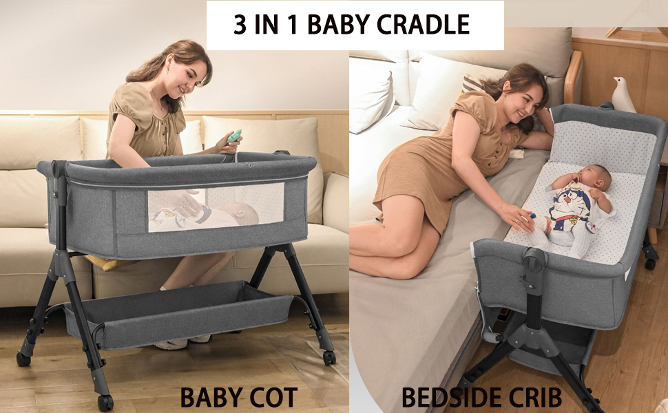 Text reads '3 IN 1 BABY CRADLE', 'BABY COT', 'BEDSIDE CRIB'. Product demonstration images showing convertible baby furniture in different configurations and uses.