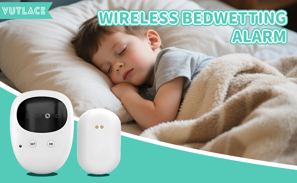 Text reads 'WIRELESS BEDWETTING ALARM'. Product advertisement showing white circular alarm device and sleeping context in teal-bordered layout.