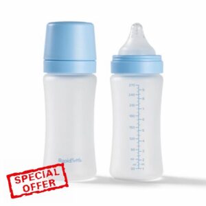Nuby Pack of 2 RapidBottle Anti-Colic Glass Feeding Bottles - Silicone Coated Glass Bottles with Breast-Like Teat | Quick Feed | No Microplastics | Fast Sterilising | 9oz (Blue)