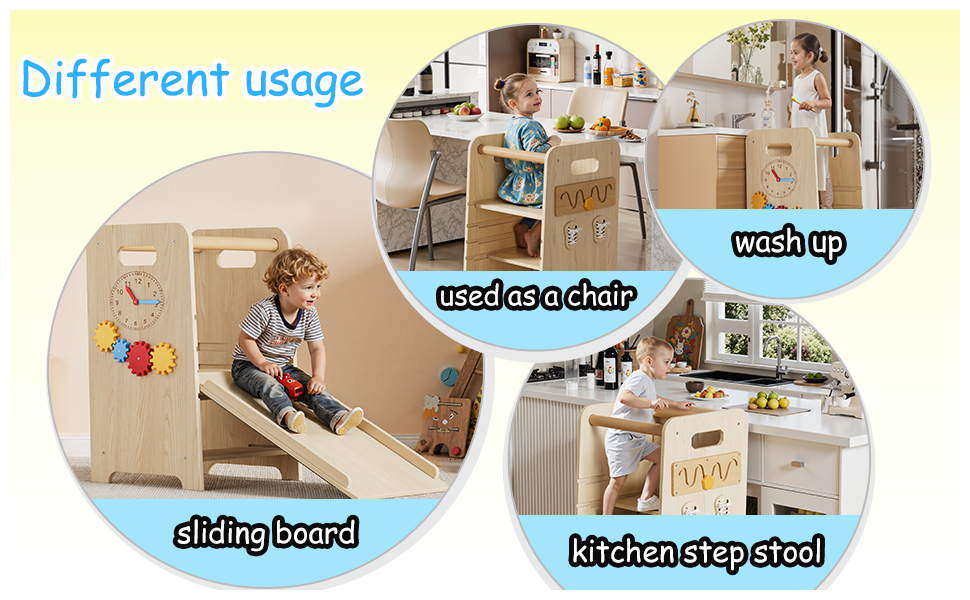 Educational toy display showing three wooden panels: one with text about fine motor skills training, another with a curved path design, and third with colorful gear patterns. Text mentions cognitive development benefits.