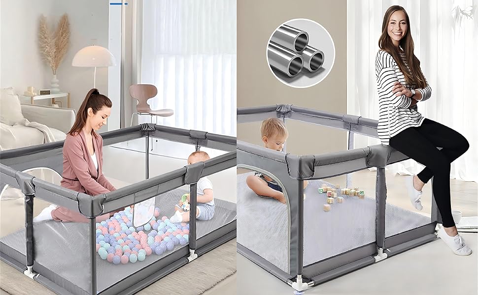 Text reads 'Free Accessories: +20 Colorful Balls +1 Ball Hoop +2 Pull Up Rings (in random colors)'. Shows gray playpen with mesh sides and included accessories displayed above.