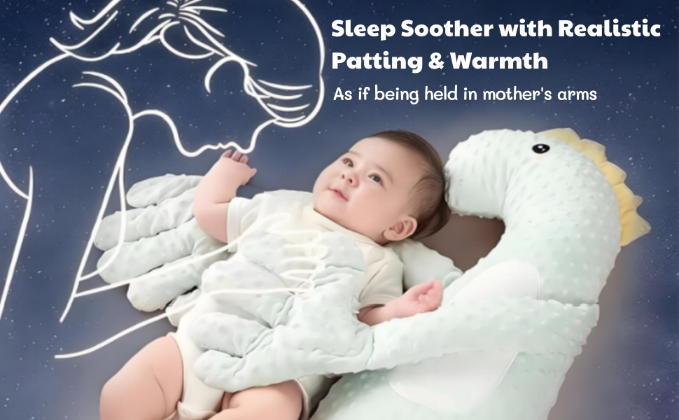 Text reads 'Sleep Soother with Realistic Petting & Warmth' and 'As if being held in mother's arms'. Product image showing infant with plush white cushion.