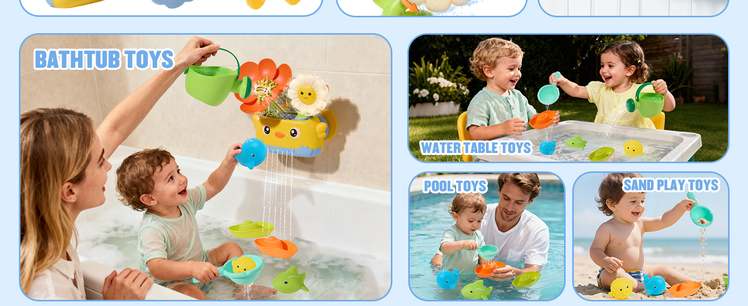 Collection of children's product images showing cartoon-style yellow duck character with various accessories and packaging elements.