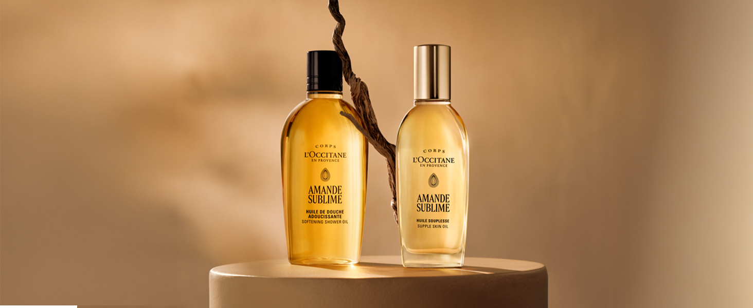 Series of lifestyle product photos showing amber glass bottles with liquid products, captured in warm lighting with atmospheric golden glow.