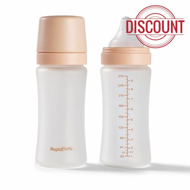 Nuby Pack of 2 RapidBottle Anti-Colic Glass Feeding Bottles - Silicone Coated Glass Bottles with Breast-Like Teat | Quick Feed | No Microplastics | Fast Sterilising | 9oz (Beige)