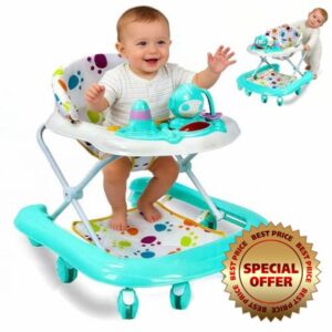 Baby Walker Foldable Walkers with Wheels for Boys Girls from 6 Months 5 Levels Height Push Along Activity Music Ride On Car Removable Sea