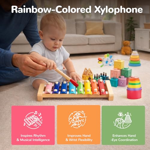 Wooden Hammering Pounding Toy 7 in 1 Wooden Sorting and Stacking Blocks Activity Cube Sensory Toy for Kids