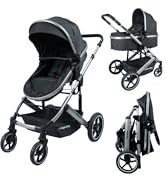 Multiple views of a black stroller or baby carriage system showing different angles and configurations. Features sleek design with large wheels and adjustable components.